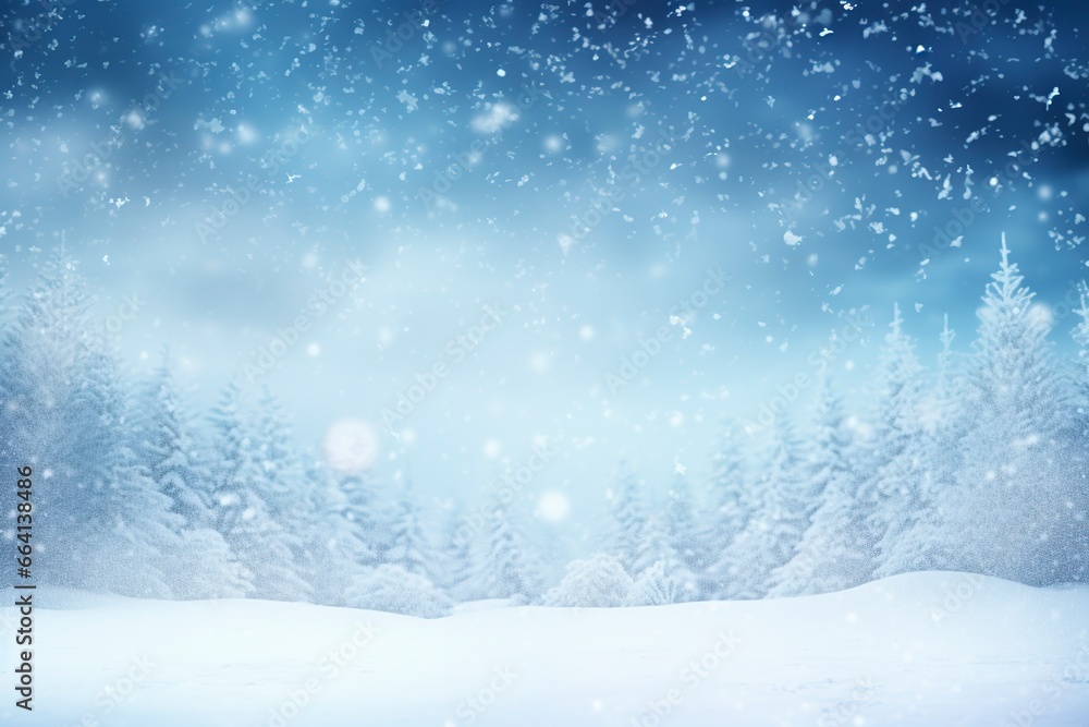 winter and christmas snowy background with snowdrifts and snow-covered blur forest. cold winter time, generative ai