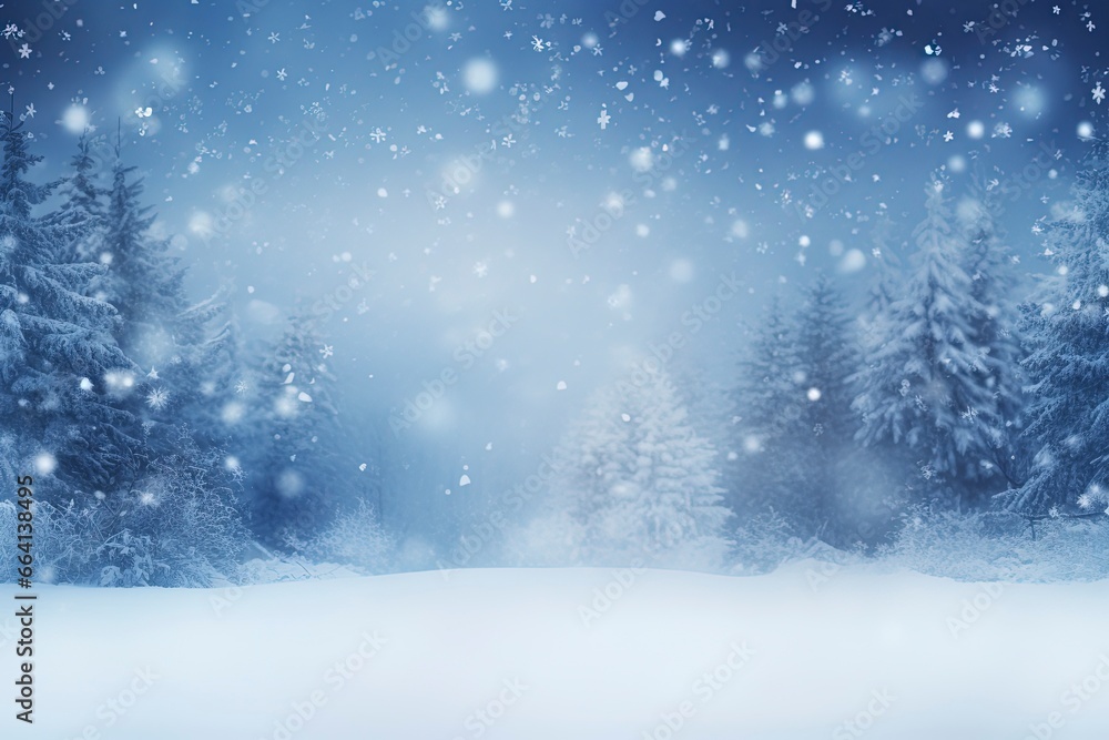 winter and christmas snowy background with snowdrifts and snow-covered blur forest. cold winter time, generative ai