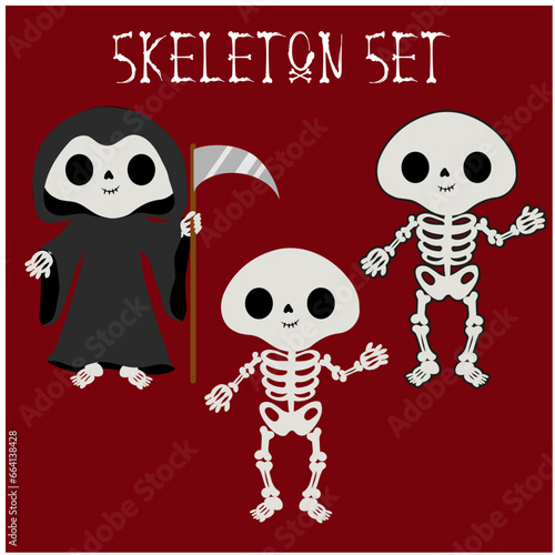 set de ilustraciones de calavera tierna con traje de la muerte