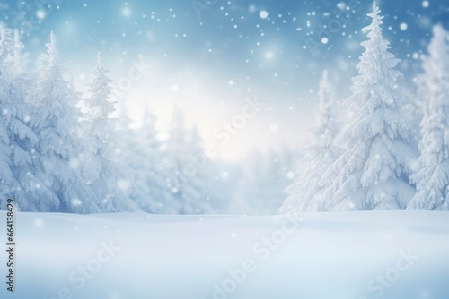 winter and christmas snowy background with snowdrifts and snow-covered blur forest. cold winter time, generative ai