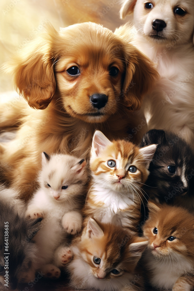 Puppy Love: Illustration of Puppies Caring for Tiny Kittens in an Adorable and Tender Scene