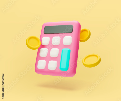 3d pink calculator and falling golden coins realistic vector illustration. Finance accounting, bookkeeping, budget, debit, credit calculations. Financial management, education concept