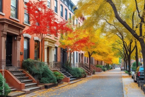 Scenic street with autumnal trees, charming architecture in Chelsea, NYC. Generative AI