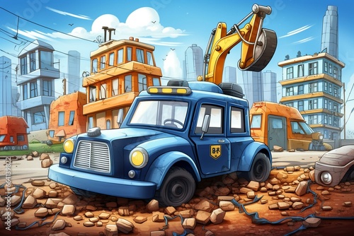 Humorous cartoon of a city police car driving past a construction site for children. Generative AI photo