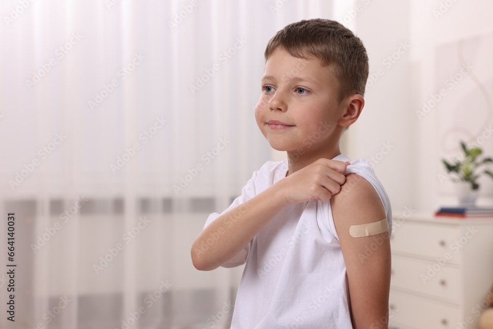 Boy with sticking plaster on arm after vaccination indoors, space for text Boy with sticking plaster on arm after vaccination indoors, space for text