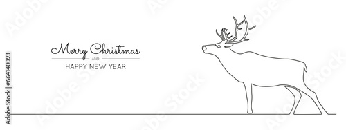 One continuous line drawing of reindeer. Wild animal deer with antlers silhouette for christmas symbol in simple linear style. National park elegance logo editable stroke. Outline vector illustration