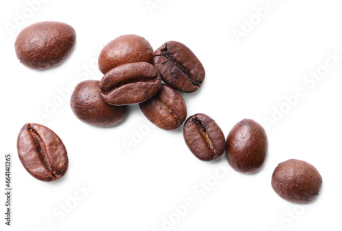 Many roasted coffee beans isolated on white, top view