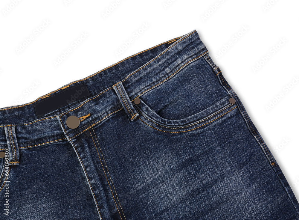 Stylish dark blue jeans isolated on white, top view
