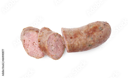 Tasty cut homemade sausage isolated on white, top view