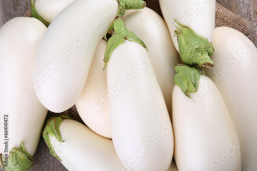 Fresh white eggplants on table, top view