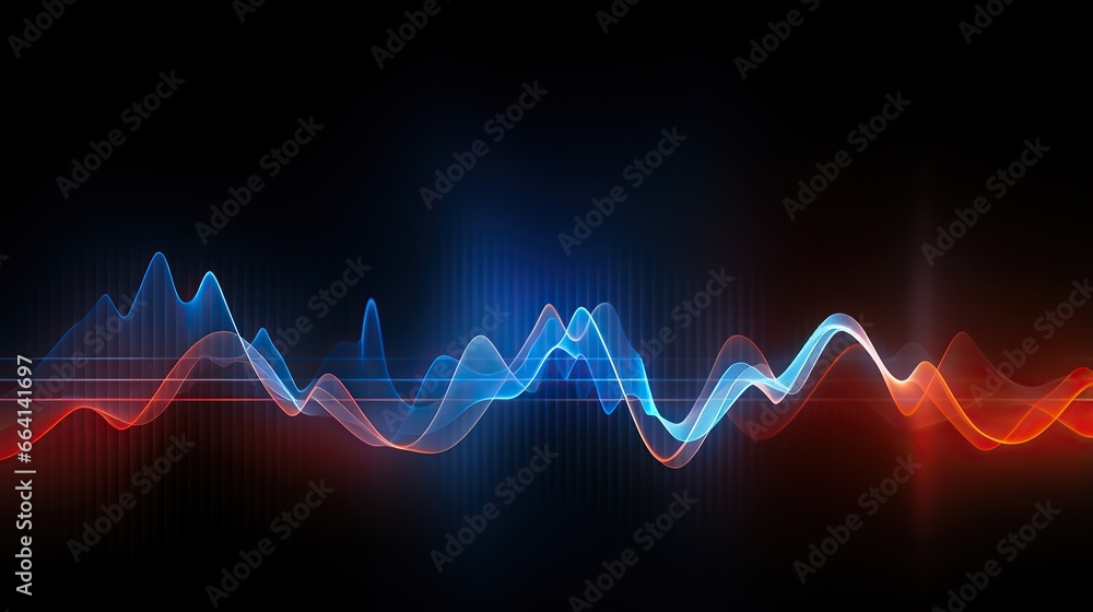 abstract sound waves, light frequencies or bright equalizer. Neon colored digital music bar for technology concept - obrazy, fototapety, plakaty 