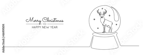 One continuous line drawing of Christmas snow globe with reindeer. Magic glass ball for winter xmas holiday concept in simple linear style. Greeting card editable stroke. Doodle vector illustration