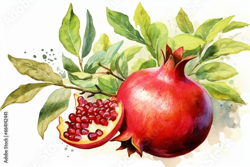 Watercolor artwork of a pomegranate with leaves on a white background. Generative AI