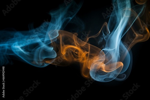 Abstract motion of blue and orange smoke on a dark background resembling fog texture. Generative AI