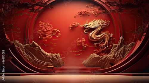Golden Chinese dragon decoration on red background.