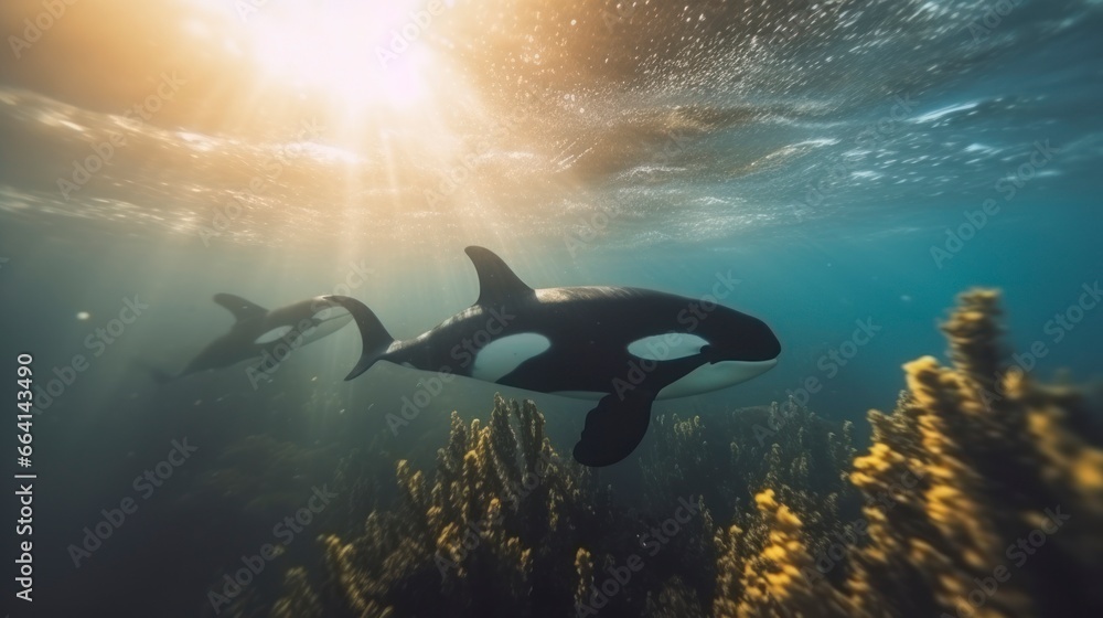 Group of killer whales (orca) swimming under the sea