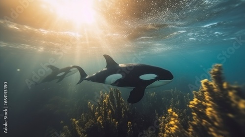 Group of killer whales (orca) swimming under the sea © Lus