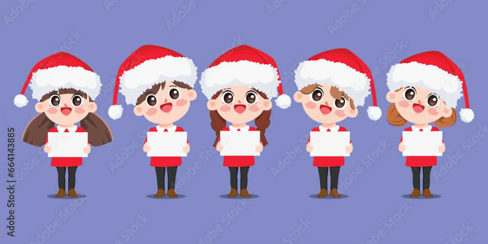 Cute little children wearing Santa Claus uniform and holding blank placard for text message or card.