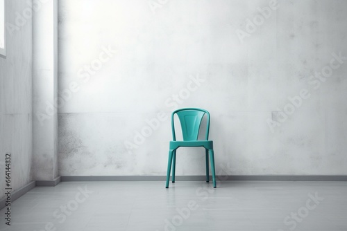 A vacant space with a turquoise seat against a blank wall. Generative AI