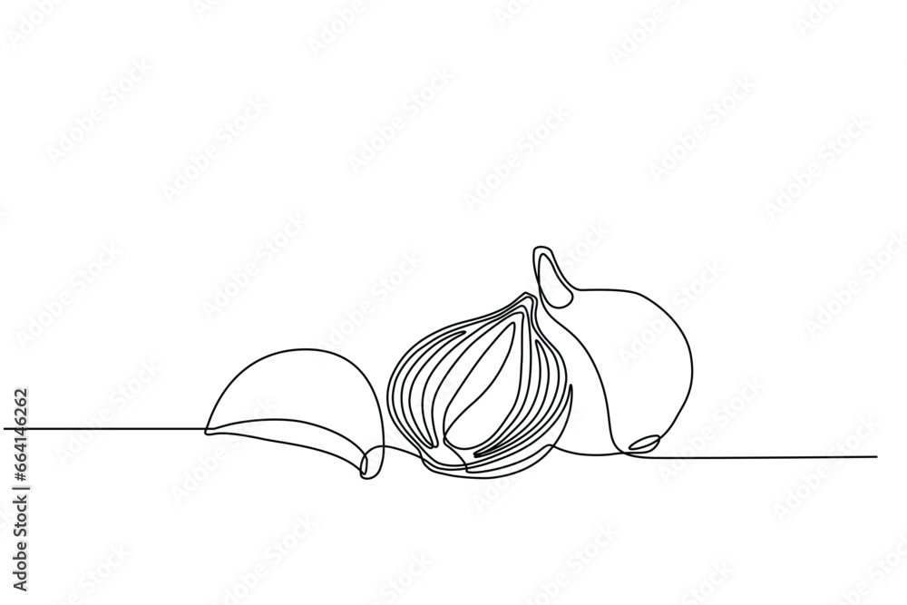garlic and onion slices in continuous line art drawing style. Single
