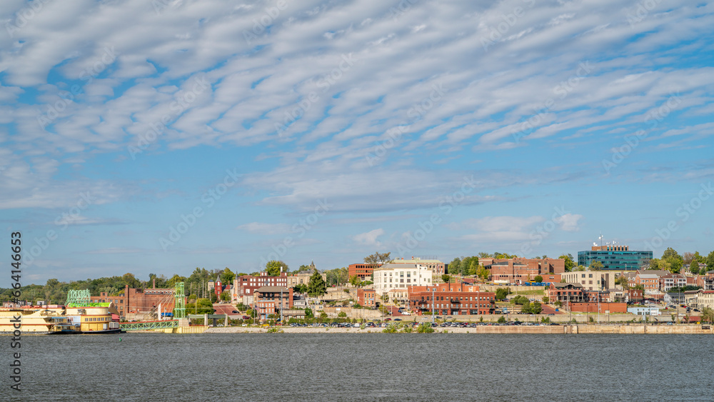 cityscape panorama of Alton in Illinois on a shore of the Mississippi River, a view from the Missouri shore