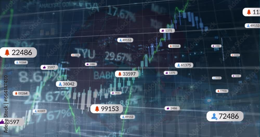 Animation of social media icons, financial and stock market data processing against cityscape Animation of social media icons, financial and stock market data processing against cityscape