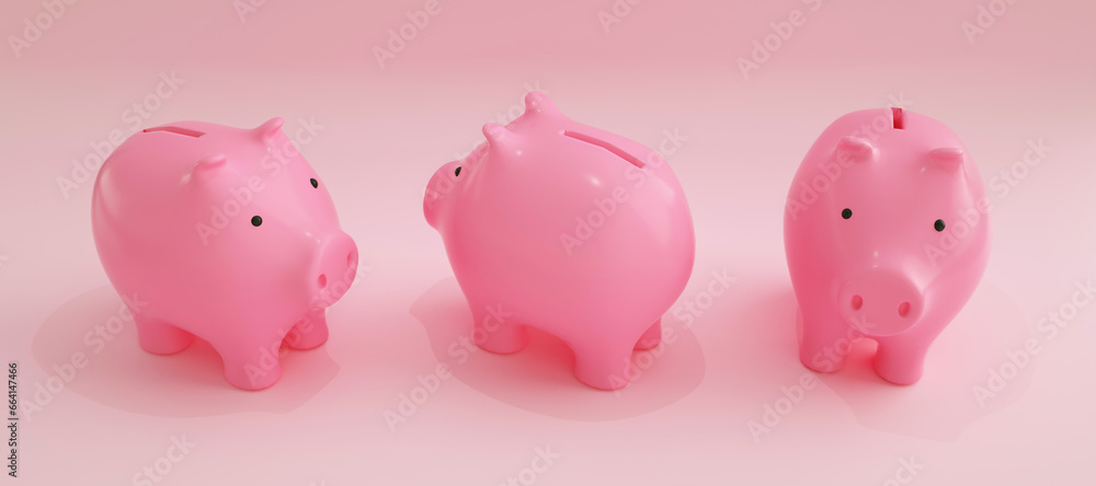 set of pink piggy banks over pink background. savings concept. Generic Piggy Bank, Penny Bank, Money Box. 3d rendering set of pink piggy banks over pink background. savings concept. Generic Piggy Bank, Penny Bank, Money Box. 3d rendering
