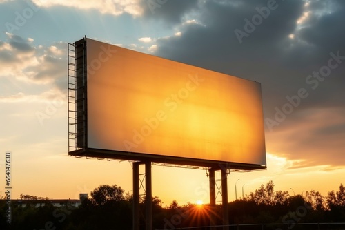 Empty billboard against a sunset sky. Template. Generative AI