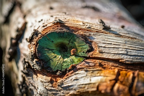 Macro of damaged tree trunk by emerald ash borer - invasive species in North America. Generative AI