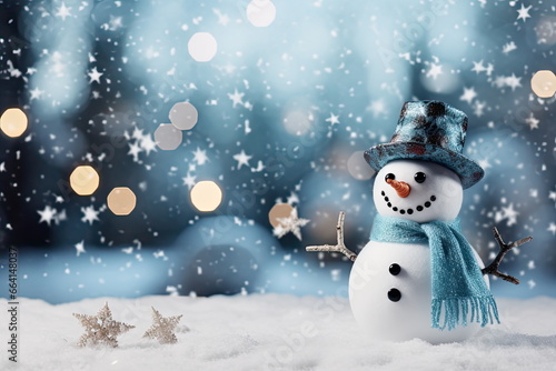Christmas Winter Background with Snowman, Presents, and Bokeh Snowflakes - Merry Christmas and Happy New Year Greeting Card with Ample Copy Space, Ideal for Festive Holiday Messages © SueFox