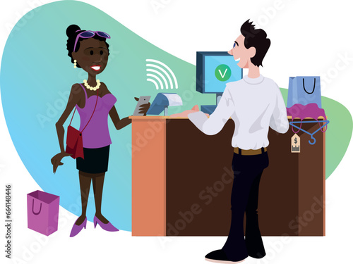 Contactless payment. Elegant black woman shopping. Payment with a mobile phone close to the Point Of Sale terminal. Charismatic and kind attendant.