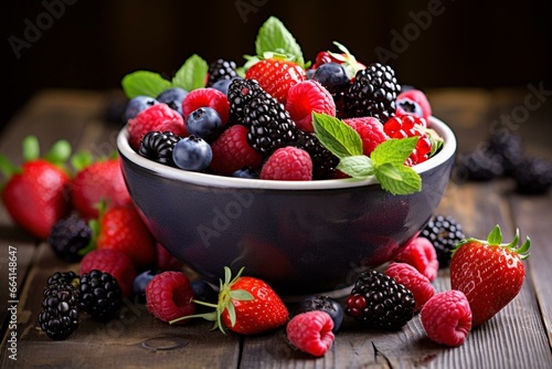 Assorted berries in a bowl on a table. Generative AI