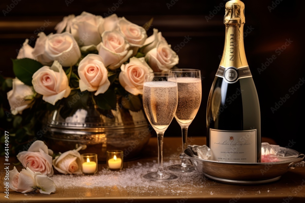 A luxurious bottle of French champagne, nestled in a silver ice bucket, surrounded by crystal flutes and delicate roses under soft candlelight