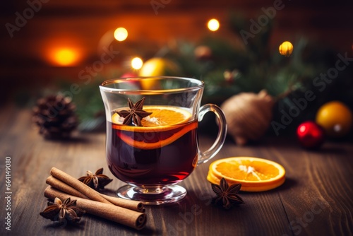 A Warm, Inviting Scene of a Glass of Mulled Wine, Garnished with a Cinnamon Stick and Orange Slice, Resting on a Rustic Wooden Table Surrounded by Cozy Winter Decorations
