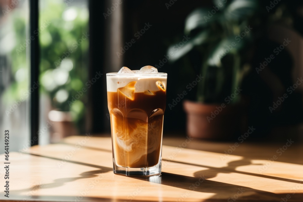 A refreshing glass of Salted Cream Cold Foam Cold Brew sitting on a rustic wooden table, bathed in soft natural light filtering through a nearby window A refreshing glass of Salted Cream Cold Foam Cold Brew sitting on a rustic wooden table, bathed in soft natural light filtering through a nearby window