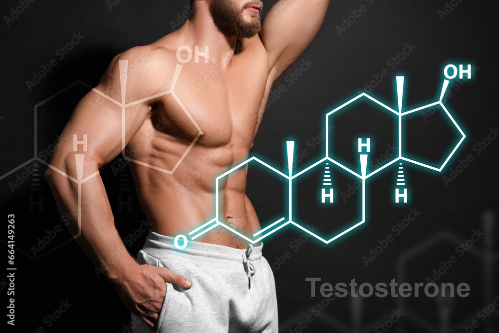 Muscular man and structural formula of testosterone on black background ...