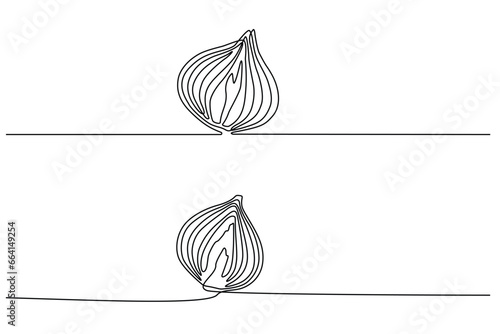 red onion accompanied by sliced red onion in continuous line art drawing style. Single line concept of red onion and sliced onion in doodle style on white background. Vector