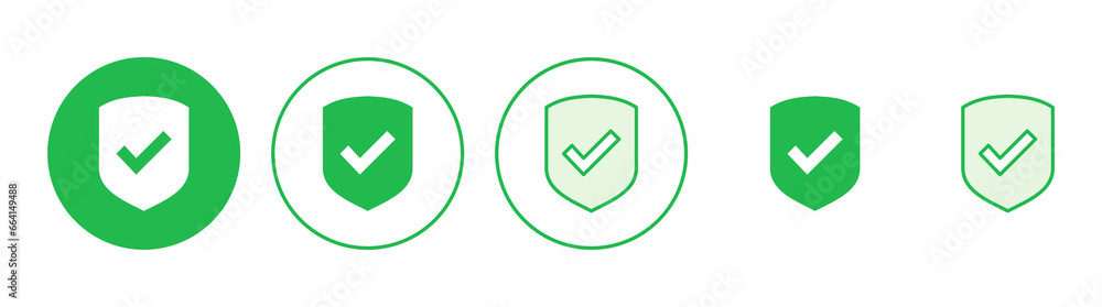 Shield check mark icon set. Protection approve sign. Safe icon vector Shield check mark icon set. Protection approve sign. Safe icon vector