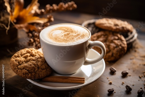 A Warm, Frothy Oatmeal Cookie Latte Served in a Rustic Mug, Sitting on a Wooden Table, Illuminated by Soft Morning Light