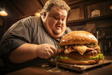 Fat man eating fast food hamburger, an unhealthy diet