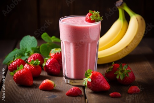 A refreshing glass of strawberry banana shake garnished with fresh berries and banana slices, served on a rustic wooden table