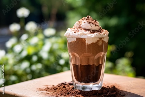 A Close-Up of a Refreshing Chilled Cocoa Drink, Garnished with Whipped Cream and a Dusting of Cocoa Powder on a Hot Summer Day
