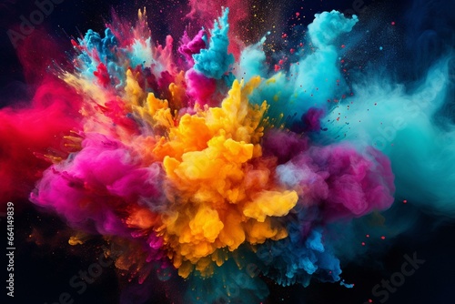Colorful powder paint explosion in a product display frame against a vibrant background. Generative AI