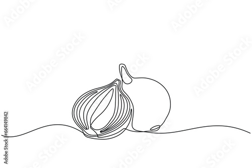 red onion accompanied by sliced red onion in continuous line art drawing style. Single line concept of red onion and sliced onion in doodle style on white background. Vector
