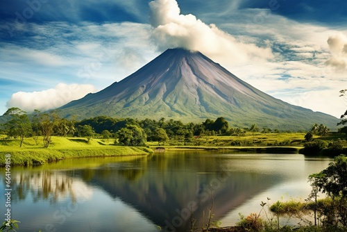 Scenic perspective of Arenal volcano and its surrounding valley. Generative AI photo