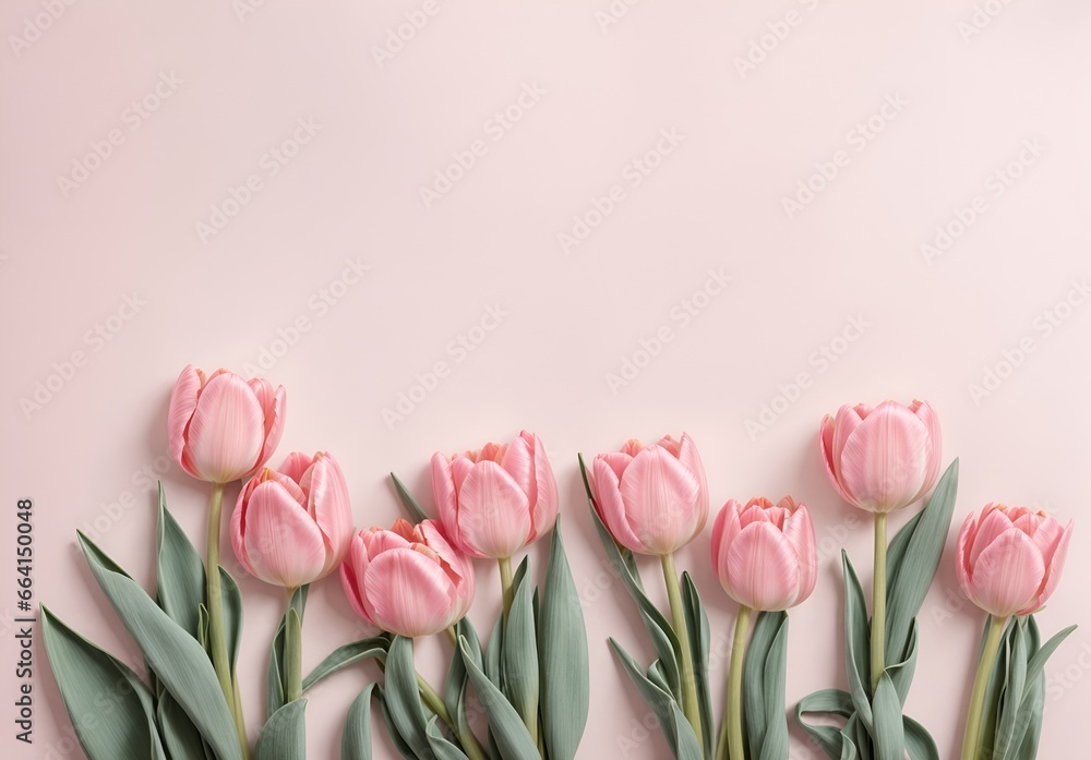 Bouquet of pink tulips flowers on pink background