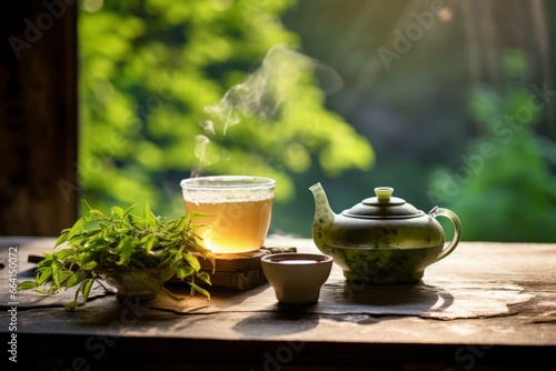 A steaming cup of green tea sitting on a rustic wooden table, surrounded by fresh green tea leaves and a vintage teapot under the soft morning sunlight