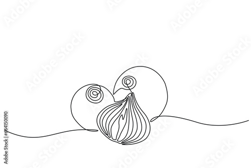 red onion accompanied by sliced red onion in continuous line art drawing style. Single line concept of red onion and sliced onion in doodle style on white background. Vector