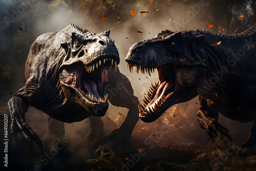 Two tyrannosaurus rex dinosaur from the Cretaceous era are fighting