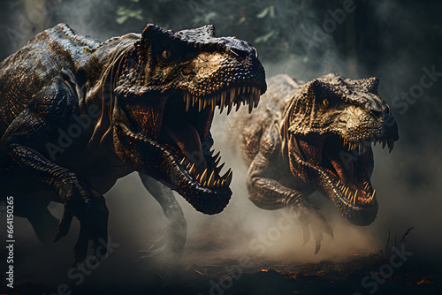 Two tyrannosaurus rex dinosaur from the Cretaceous era are fighting photo